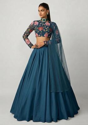 Teal Blue Printed Organza Lehenga Set