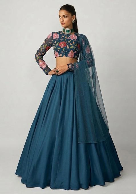 Teal Blue Printed Organza Lehenga Set
