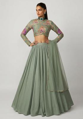 Sage Green Printed Organza Lehenga Set