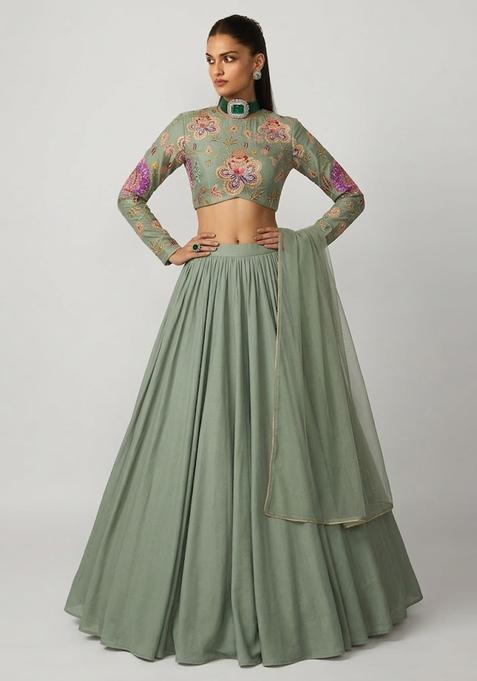 Sage Green Printed Organza Lehenga Set