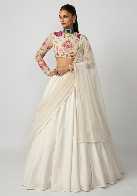 Ivory Printed Organza Lehenga Set