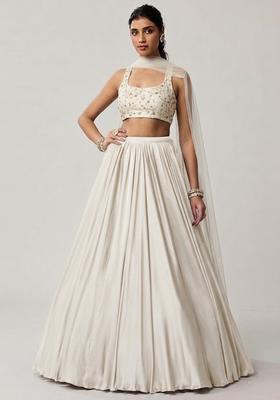 White Embroidered Crepe Lehenga Set