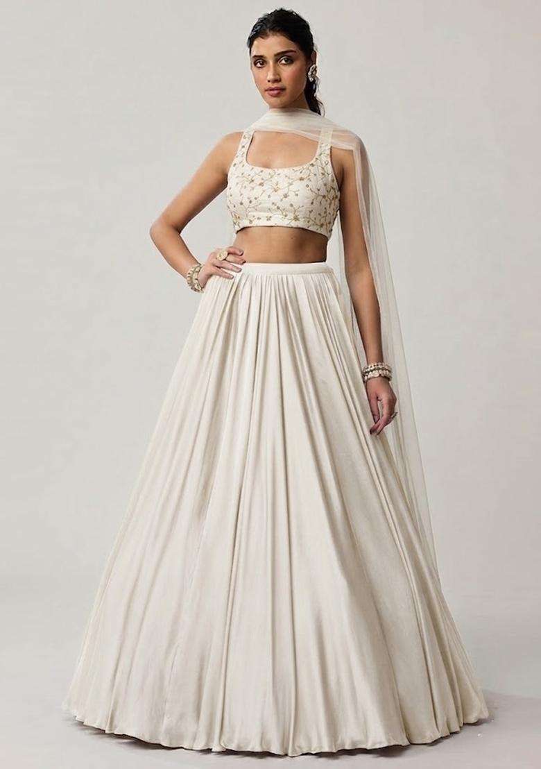 White Embroidered Crepe Lehenga Set - Indya