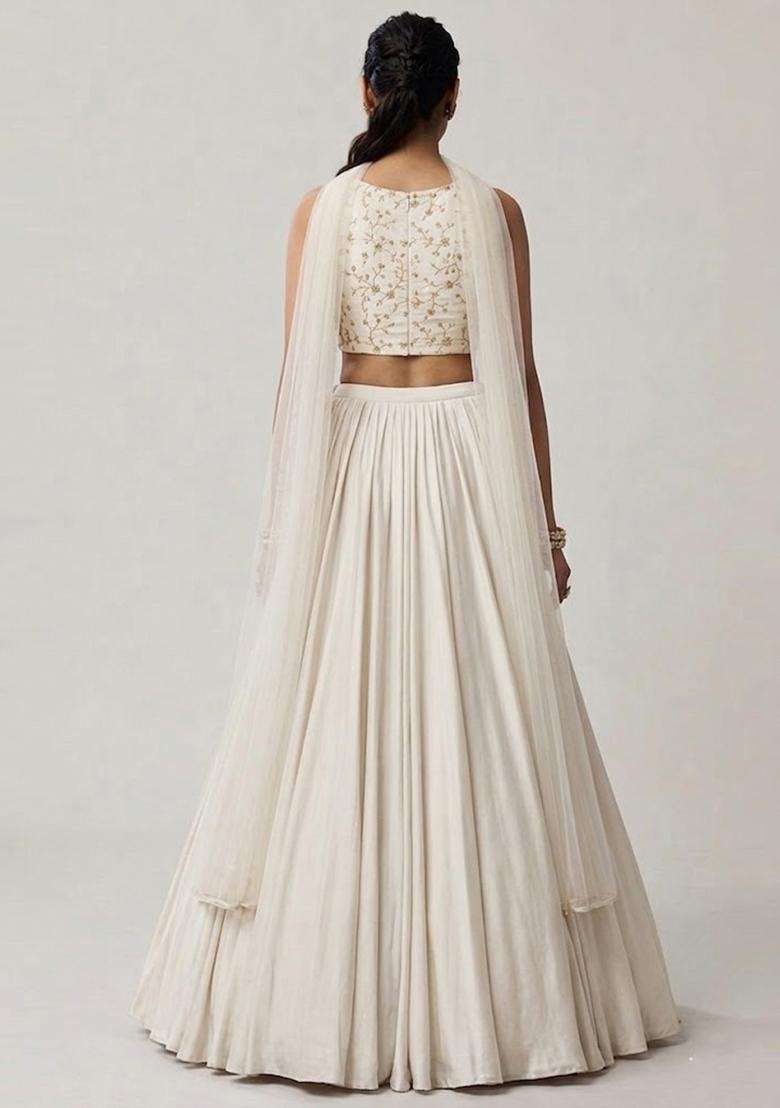 White Embroidered Crepe Lehenga Set - Indya