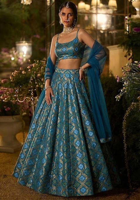 Teal Blue Jacquard Georgette Lehenga Set