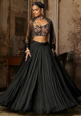 Black Embroidered Crepe Lehenga Set