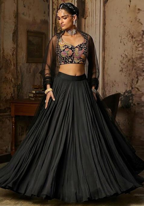 Black Embroidered Crepe Lehenga Set