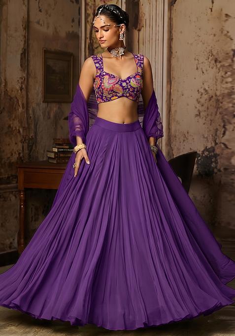Purple Embroidered Crepe Lehenga Set