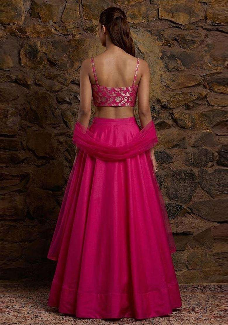 Hot Pink Jacquard Silk Blend Lehenga Set for Diwali | Wedding & Festive Wear - Indya