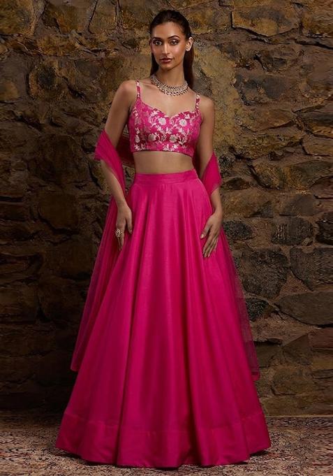 Hot Pink Jacquard Silk Lehenga Set