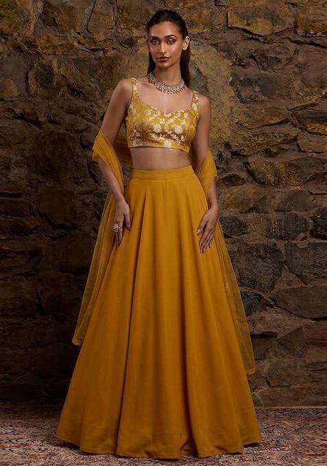 Mustard Jacquard Silk Lehenga Set