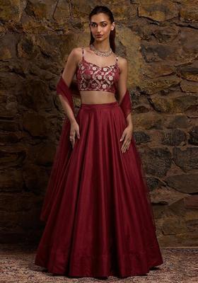Deep Maroon Jacquard Silk Lehenga Set