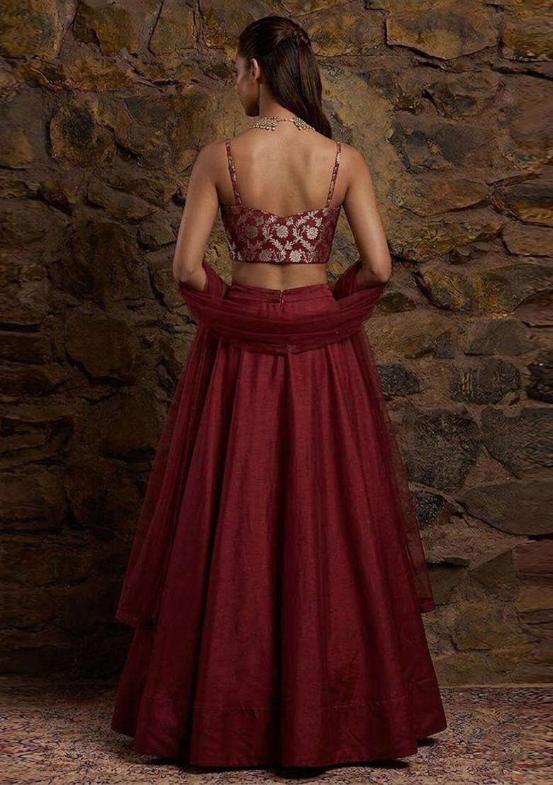 Deep Maroon Jacquard Silk Blend Lehenga Set for Diwali and Festive Wear - Indya