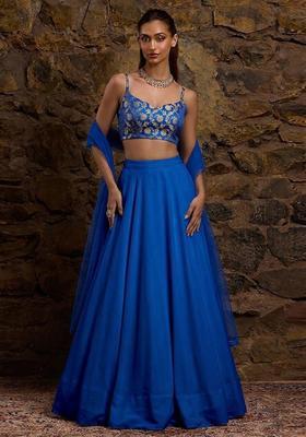 Royal Blue Jacquard Silk Lehenga Set
