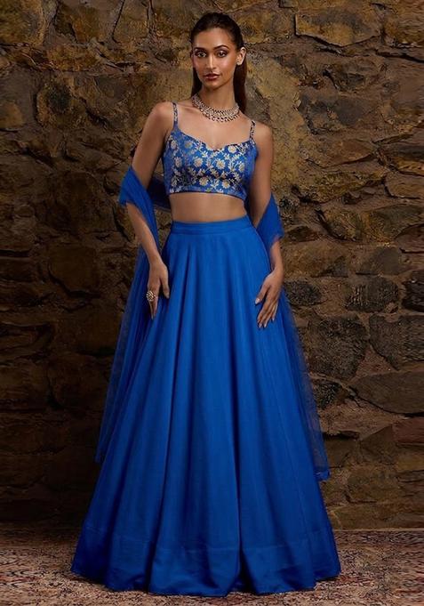 Royal Blue Jacquard Silk Lehenga Set