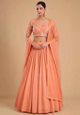 Peach Printed Chanderi Lehenga Set