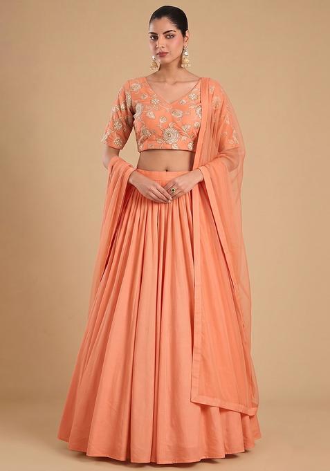Peach Printed Chanderi Lehenga Set