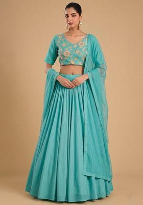 Blue Printed Chanderi Lehenga Set