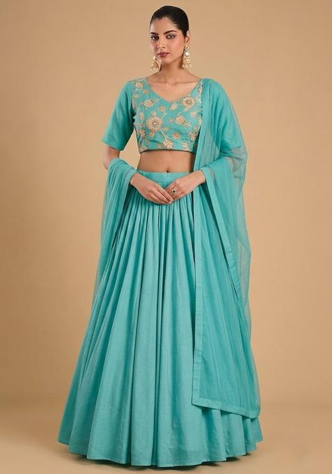Blue Printed Chanderi Lehenga Set
