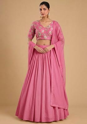 Pink Printed Chanderi Lehenga Set
