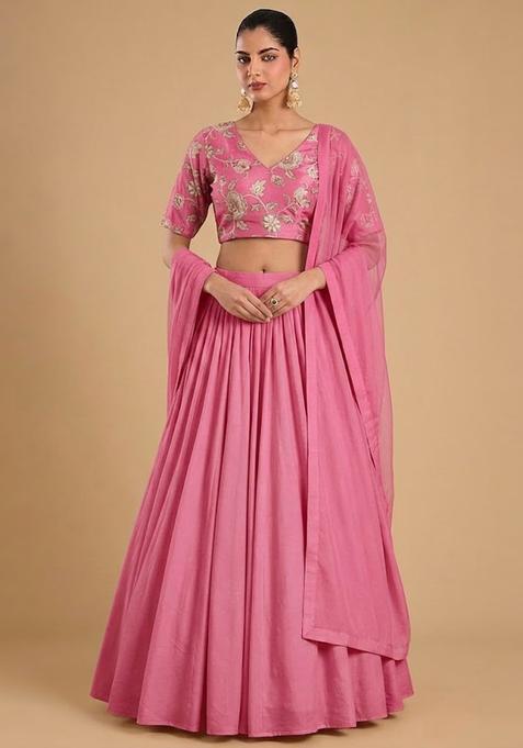 Pink Printed Chanderi Lehenga Set