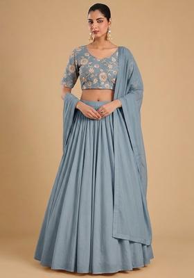 Pastel Blue Printed Chanderi Lehenga Set