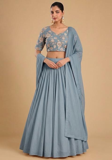 Pastel Blue Printed Chanderi Lehenga Set