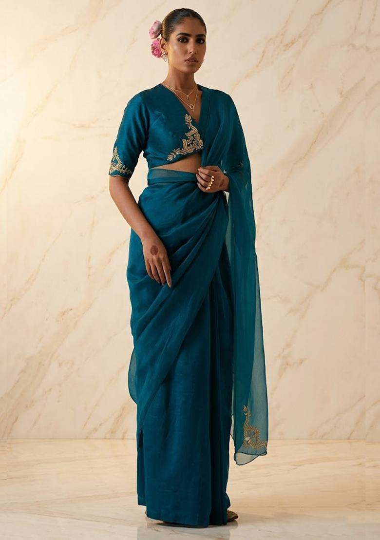 Deep Teal Blue Embroidered Handwork Pre Draped Saree Set - Indya