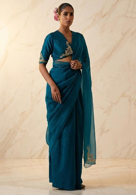 Deep Teal Blue Embroidered Handwork Pre Draped Saree Set