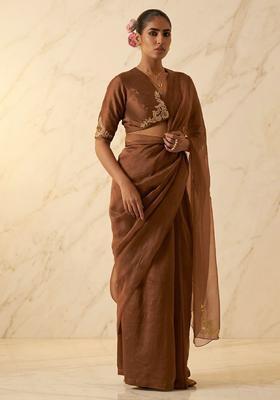 Brown Embroidered Handwork Pre Draped Saree Set