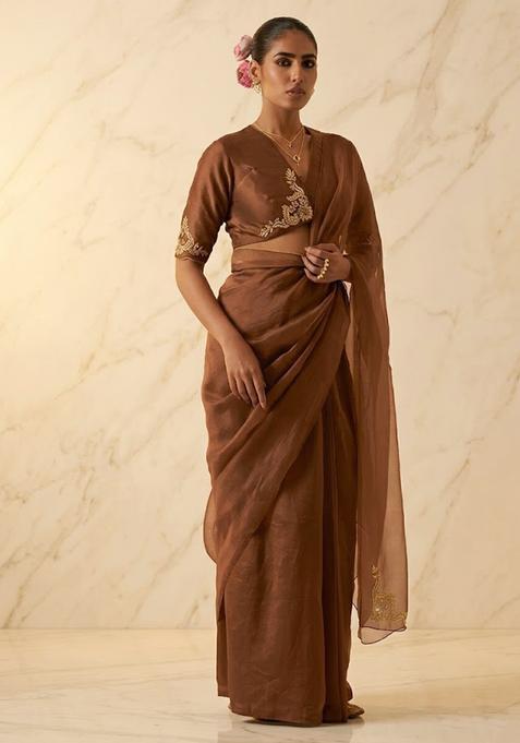 Brown Embroidered Handwork Pre Draped Saree Set