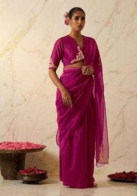 Rani Pink Embroidered Handwork Pre Draped Saree Set