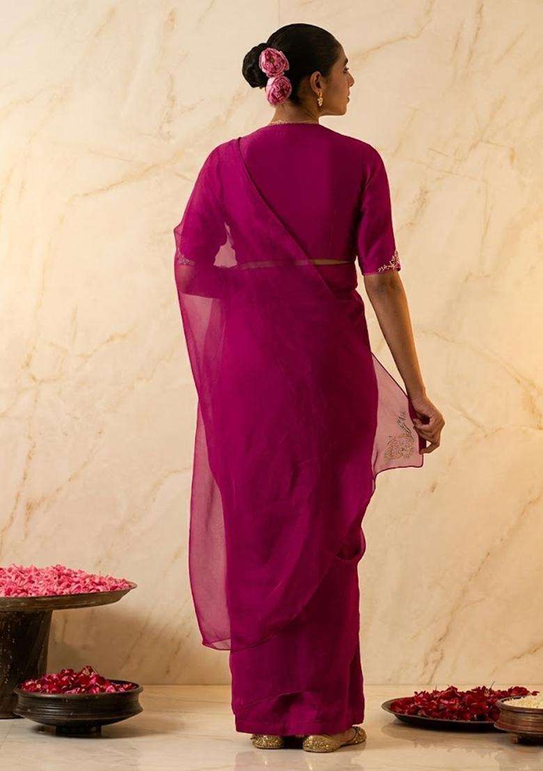 Rani Pink Embroidered Handwork Pre Draped Saree Set - Indya