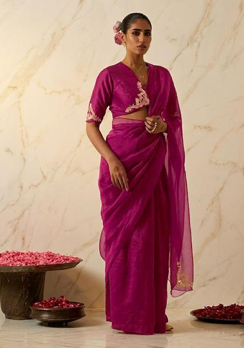 Rani Pink Embroidered Handwork Pre Draped Saree Set