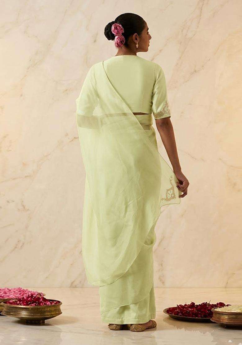 Lime Embroidered Handwork Pre Draped Saree Set - Indya