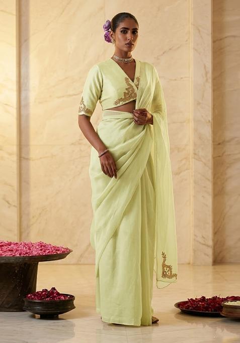 Lime Embroidered Handwork Pre Draped Saree Set