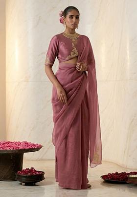 Mauve Embroidered Handwork Pre Draped Saree Set