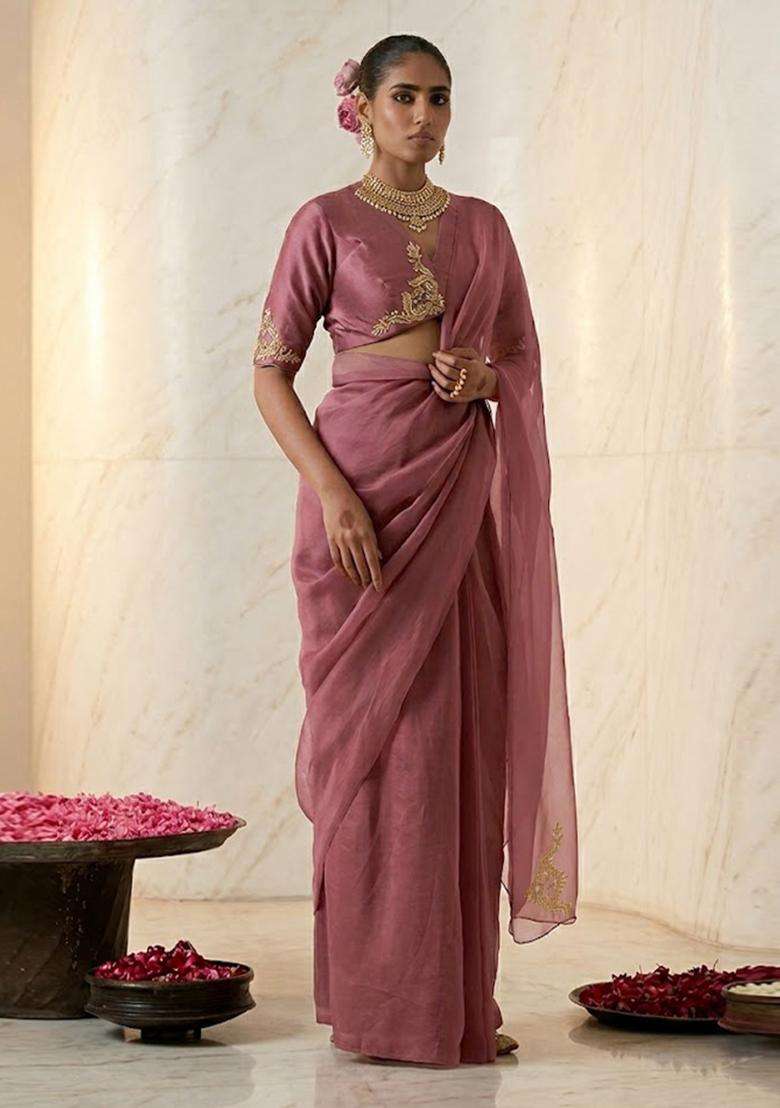 Mauve Embroidered Handwork Pre Draped Saree Set - Indya