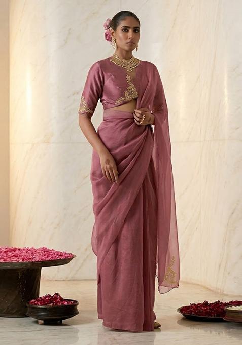 Mauve Embroidered Handwork Pre Draped Saree Set