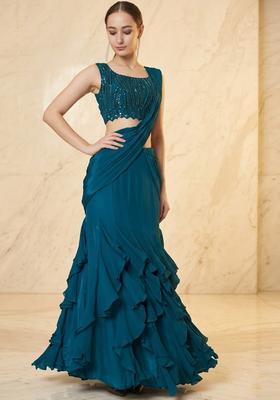 Teal Blue Embroidered Handwork Pre Draped Saree Set