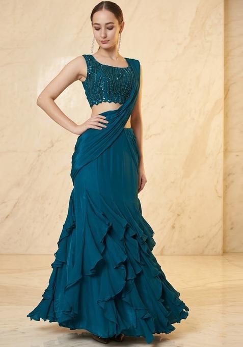 Teal Blue Embroidered Handwork Pre Draped Saree Set