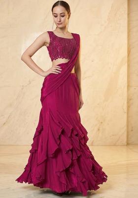 Hot Pink Embroidered Handwork Pre Draped Saree Set