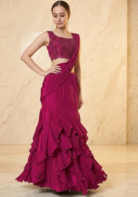Hot Pink Embroidered Handwork Pre Draped Saree Set