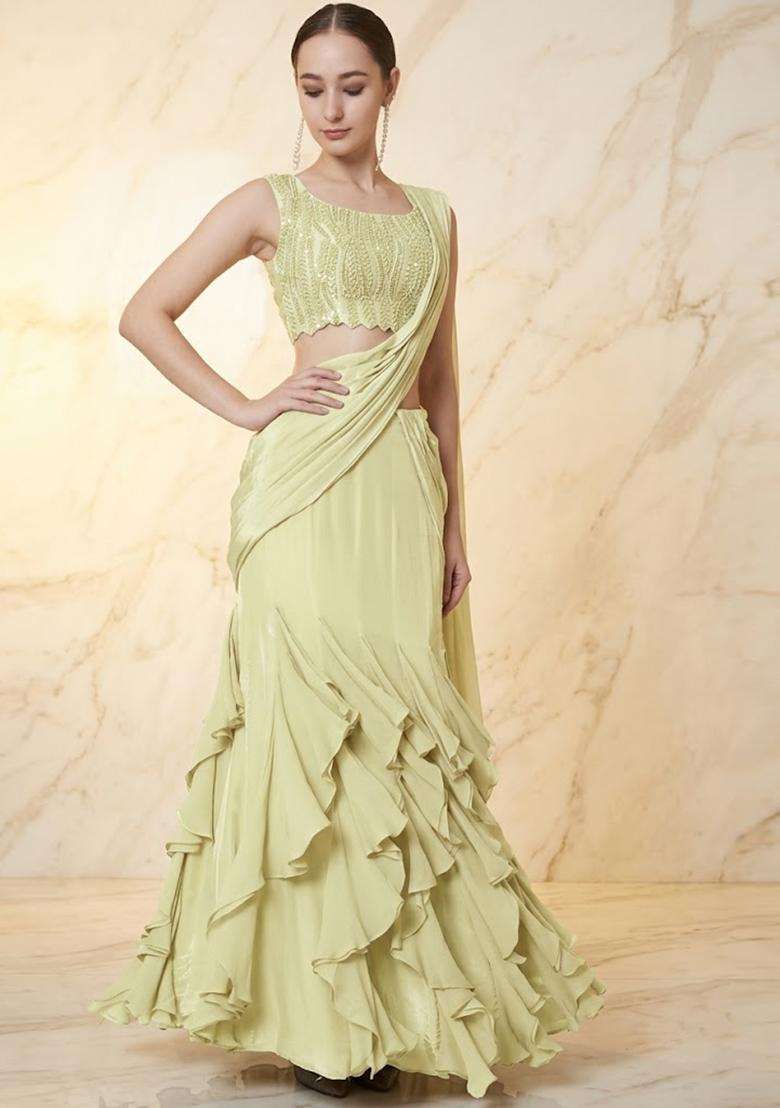 Lime Embroidered Handwork Pre Draped Saree Set - Indya