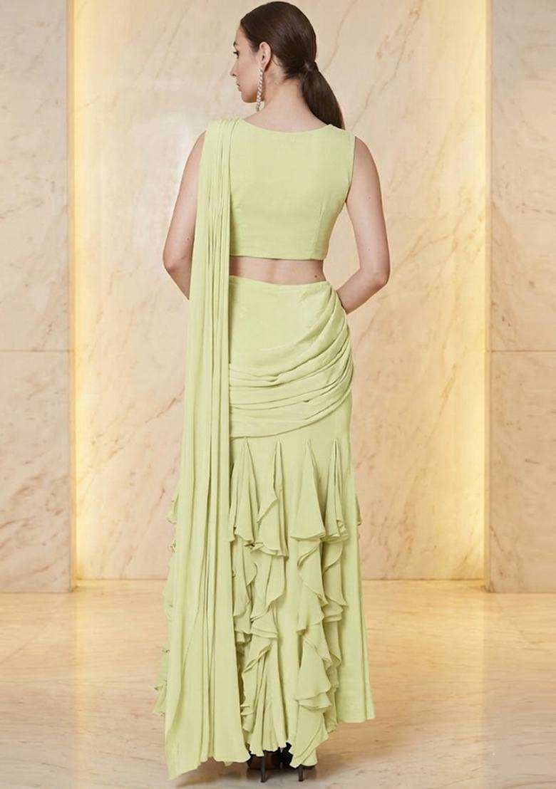 Lime Embroidered Handwork Pre Draped Saree Set - Indya