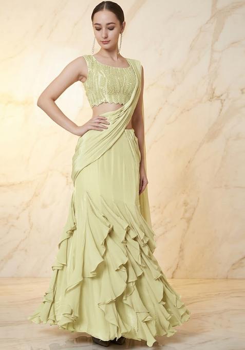 Lime Embroidered Handwork Pre Draped Saree Set — view on Indya