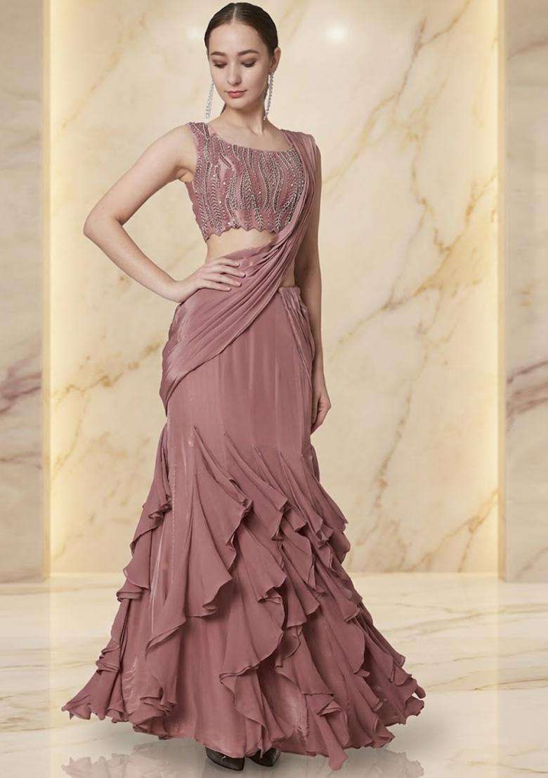 Mauve Embroidered Handwork Pre Draped Saree Set - Indya