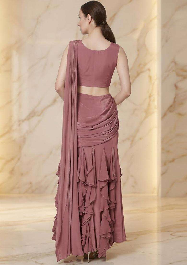 Mauve Embroidered Handwork Pre Draped Saree Set - Indya