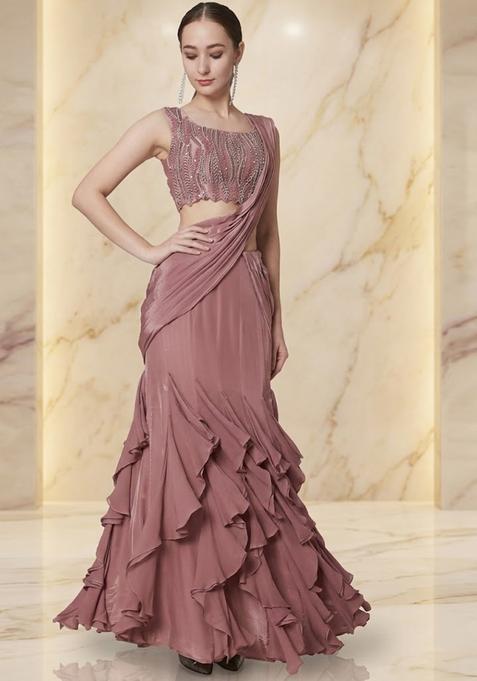 Mauve Embroidered Handwork Pre Draped Saree Set