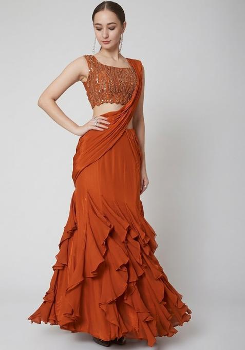 Orange Embroidered Handwork Pre Draped Saree Set